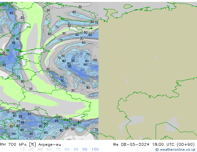 Humidité rel. 700 hPa Arpege-eu mer 08.05.2024 18 UTC