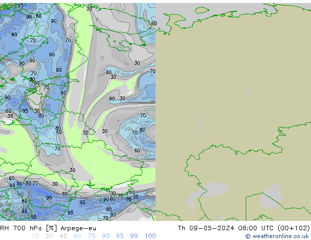 RH 700 hPa Arpege-eu czw. 09.05.2024 06 UTC