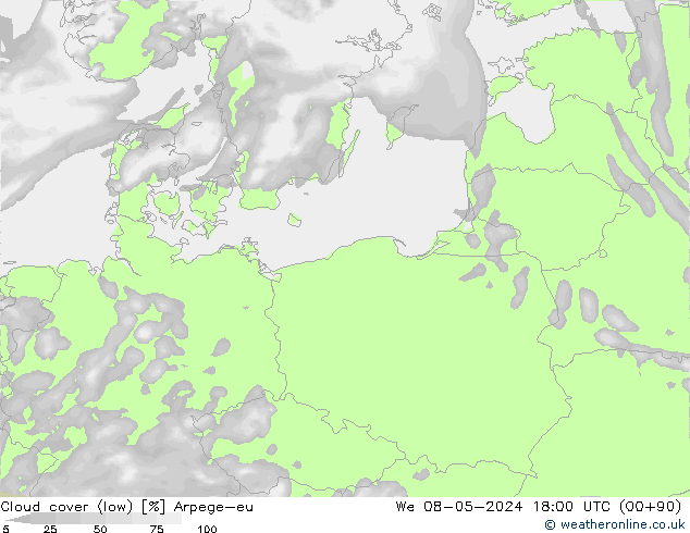 Cloud cover (low) Arpege-eu We 08.05.2024 18 UTC