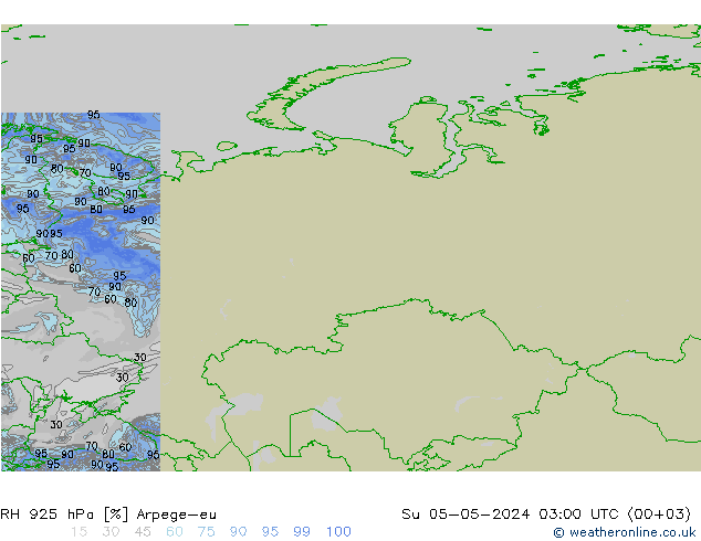 Humedad rel. 925hPa Arpege-eu dom 05.05.2024 03 UTC