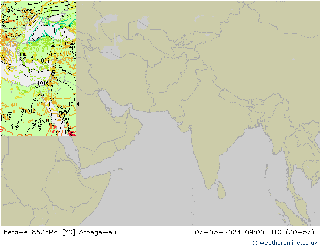 Theta-e 850hPa Arpege-eu di 07.05.2024 09 UTC