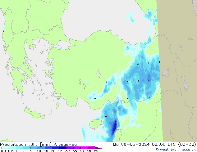 Totale neerslag (6h) Arpege-eu ma 06.05.2024 06 UTC