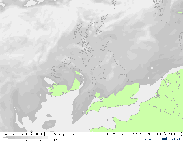 Cloud cover (middle) Arpege-eu Th 09.05.2024 06 UTC