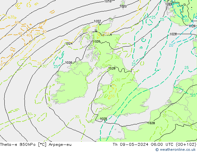Theta-e 850hPa Arpege-eu Čt 09.05.2024 06 UTC