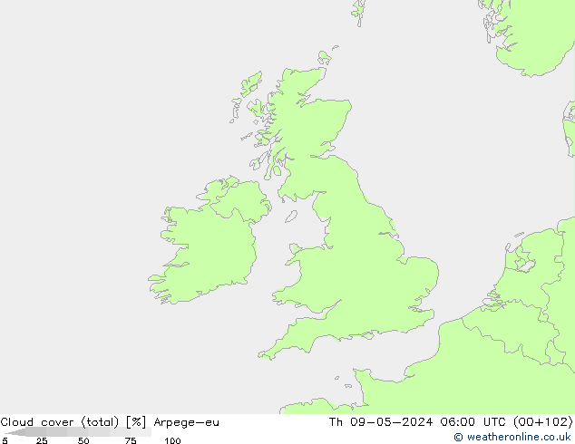 Cloud cover (total) Arpege-eu Th 09.05.2024 06 UTC