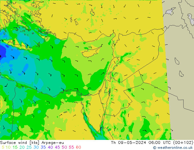 Surface wind Arpege-eu Čt 09.05.2024 06 UTC