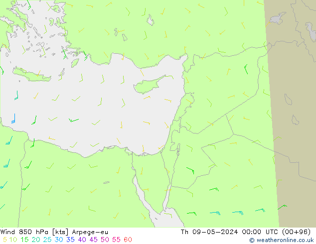 ветер 850 гПа Arpege-eu чт 09.05.2024 00 UTC
