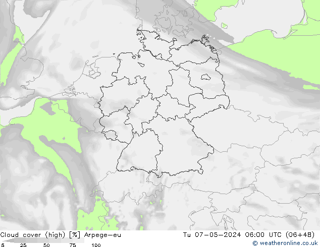 Cloud cover (high) Arpege-eu Tu 07.05.2024 06 UTC