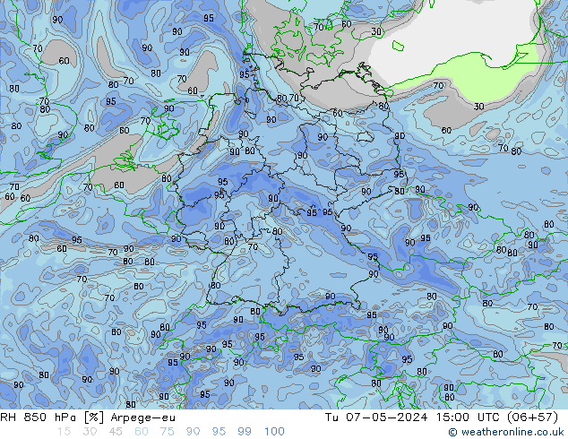 RH 850 hPa Arpege-eu Tu 07.05.2024 15 UTC