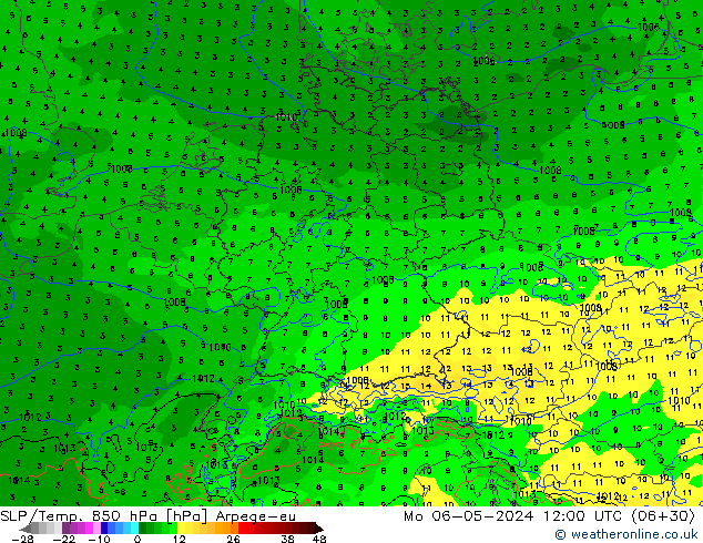 SLP/Temp. 850 hPa Arpege-eu pon. 06.05.2024 12 UTC