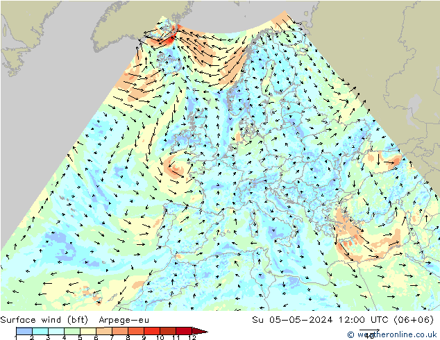 Wind 10 m (bft) Arpege-eu zo 05.05.2024 12 UTC