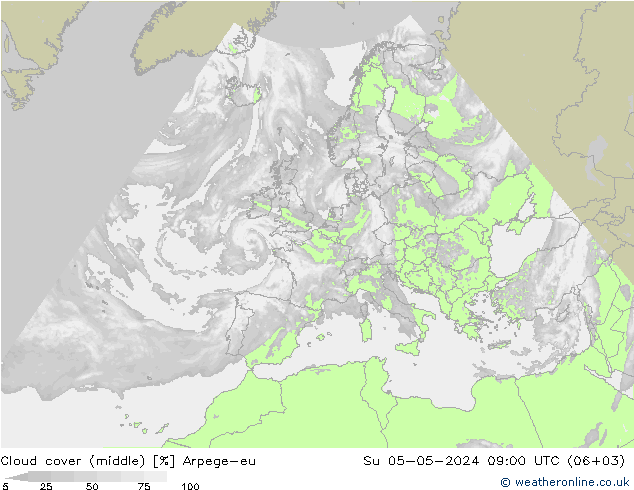 Cloud cover (middle) Arpege-eu Su 05.05.2024 09 UTC