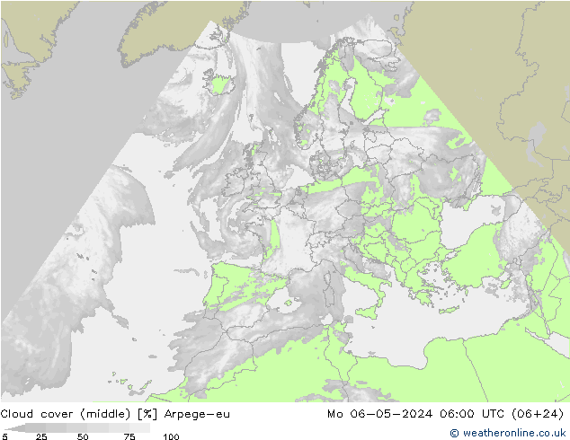Cloud cover (middle) Arpege-eu Mo 06.05.2024 06 UTC