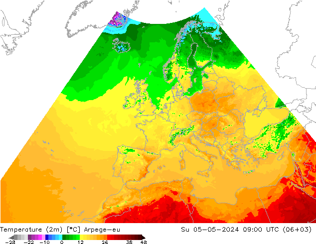 Temperaturkarte (2m) Arpege-eu So 05.05.2024 09 UTC