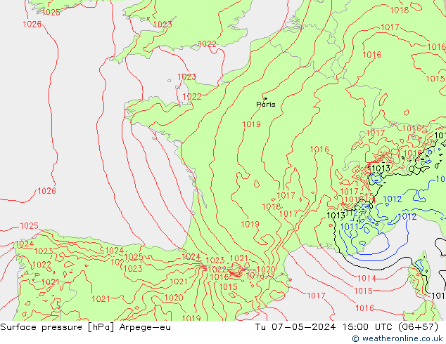 Surface pressure Arpege-eu Tu 07.05.2024 15 UTC