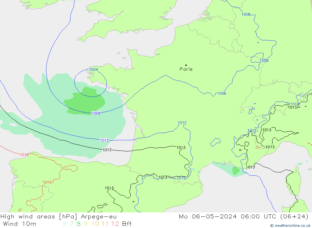 High wind areas Arpege-eu lun 06.05.2024 06 UTC