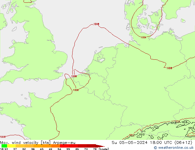 Max. wind snelheid Arpege-eu zo 05.05.2024 18 UTC