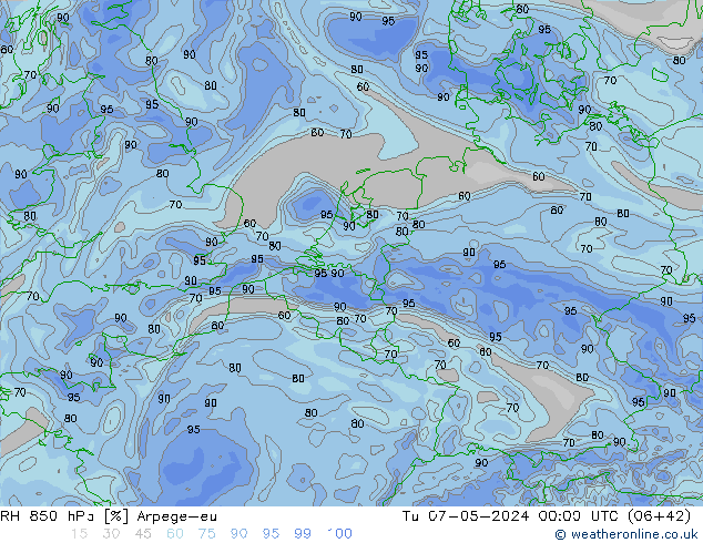 RH 850 hPa Arpege-eu mar 07.05.2024 00 UTC