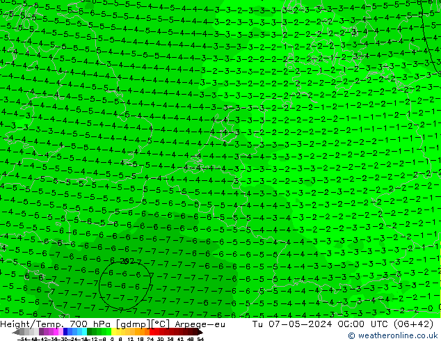 Height/Temp. 700 hPa Arpege-eu Tu 07.05.2024 00 UTC