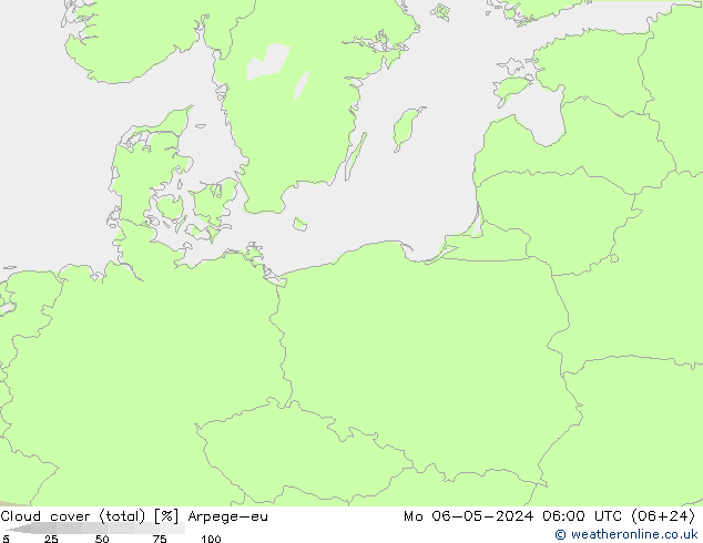 Cloud cover (total) Arpege-eu Mo 06.05.2024 06 UTC
