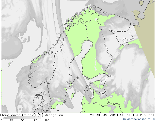 Cloud cover (middle) Arpege-eu We 08.05.2024 00 UTC