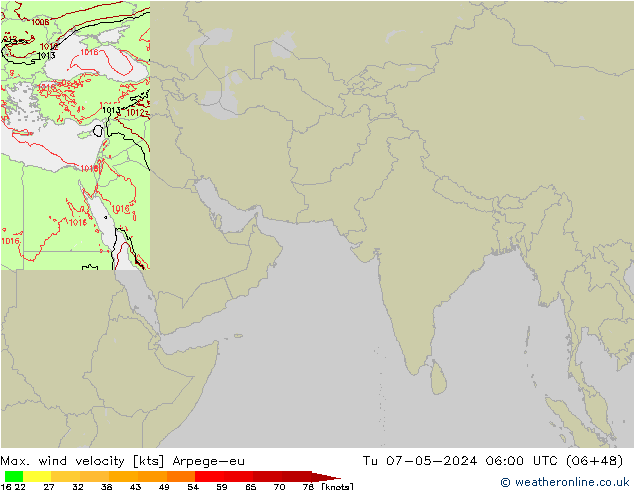 Max. wind velocity Arpege-eu вт 07.05.2024 06 UTC