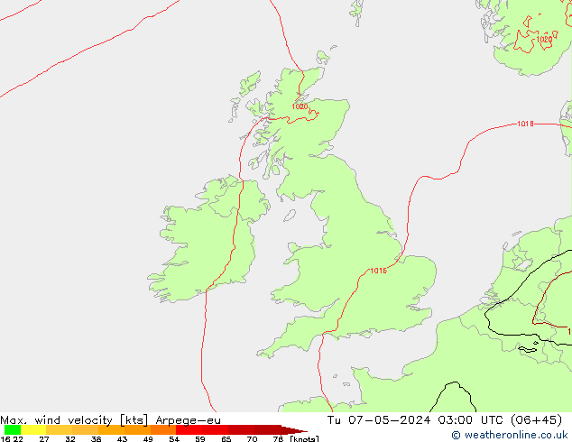 Max. wind velocity Arpege-eu wto. 07.05.2024 03 UTC