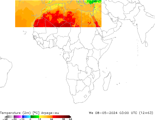 Temperatuurkaart (2m) Arpege-eu wo 08.05.2024 03 UTC