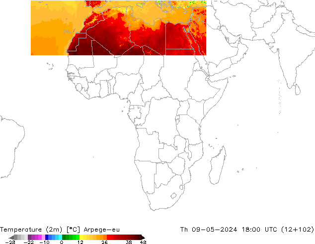 Temperatuurkaart (2m) Arpege-eu do 09.05.2024 18 UTC