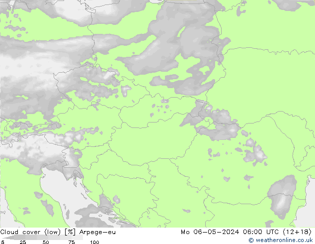 Cloud cover (low) Arpege-eu Mo 06.05.2024 06 UTC