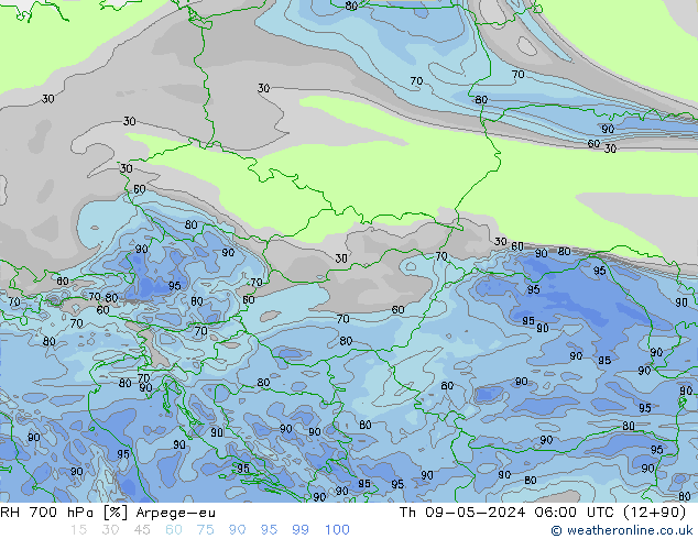 Humidité rel. 700 hPa Arpege-eu jeu 09.05.2024 06 UTC