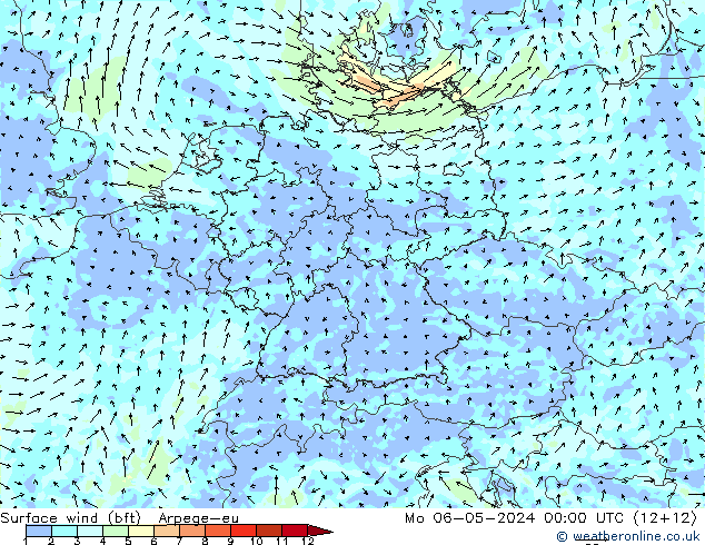 Surface wind (bft) Arpege-eu Mo 06.05.2024 00 UTC