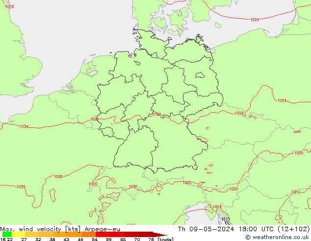 Windböen Arpege-eu Do 09.05.2024 18 UTC