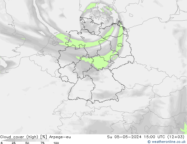 Cloud cover (high) Arpege-eu Su 05.05.2024 15 UTC