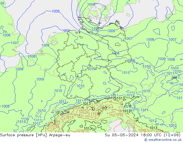 Pressione al suolo Arpege-eu dom 05.05.2024 18 UTC