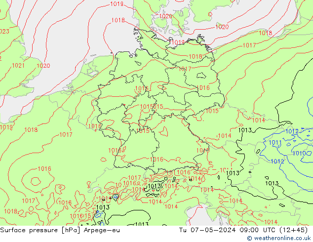 Surface pressure Arpege-eu Tu 07.05.2024 09 UTC