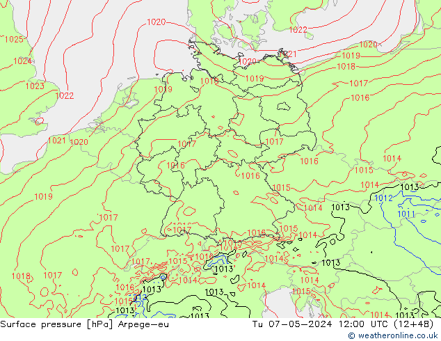 Surface pressure Arpege-eu Tu 07.05.2024 12 UTC