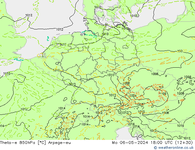 Theta-e 850hPa Arpege-eu lun 06.05.2024 18 UTC