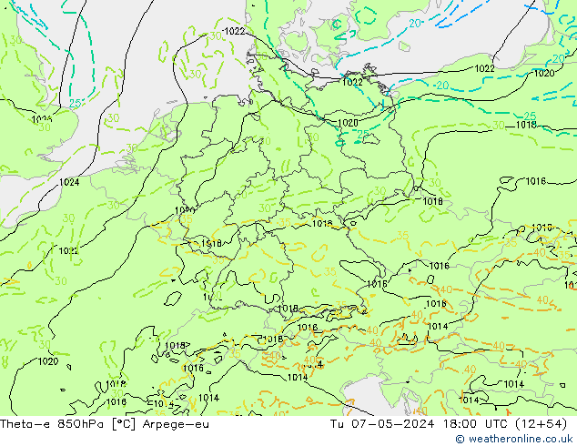 Theta-e 850hPa Arpege-eu Tu 07.05.2024 18 UTC