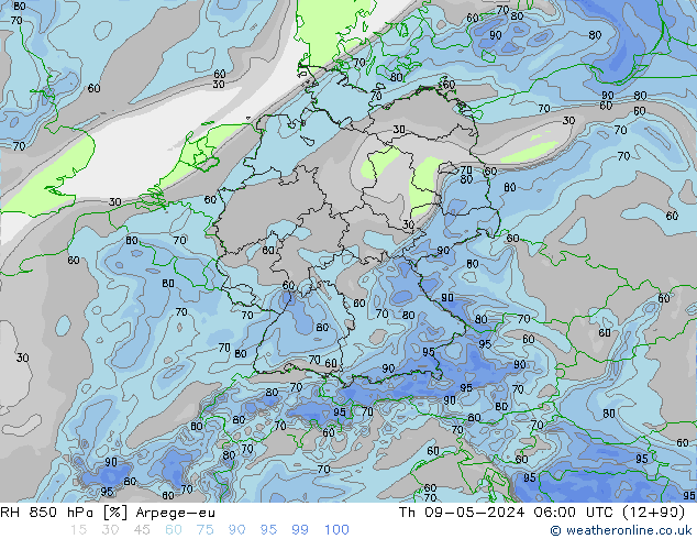 Humidité rel. 850 hPa Arpege-eu jeu 09.05.2024 06 UTC