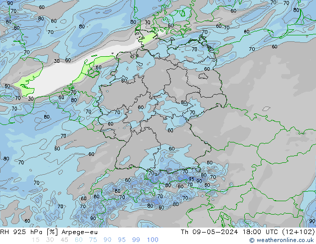 Humedad rel. 925hPa Arpege-eu jue 09.05.2024 18 UTC