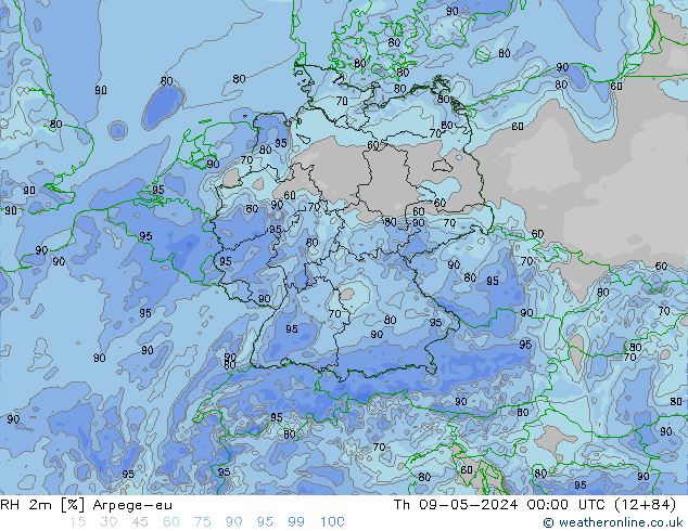 RH 2m Arpege-eu Čt 09.05.2024 00 UTC