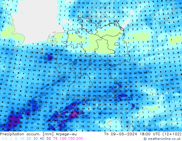 Precipitation accum. Arpege-eu gio 09.05.2024 18 UTC