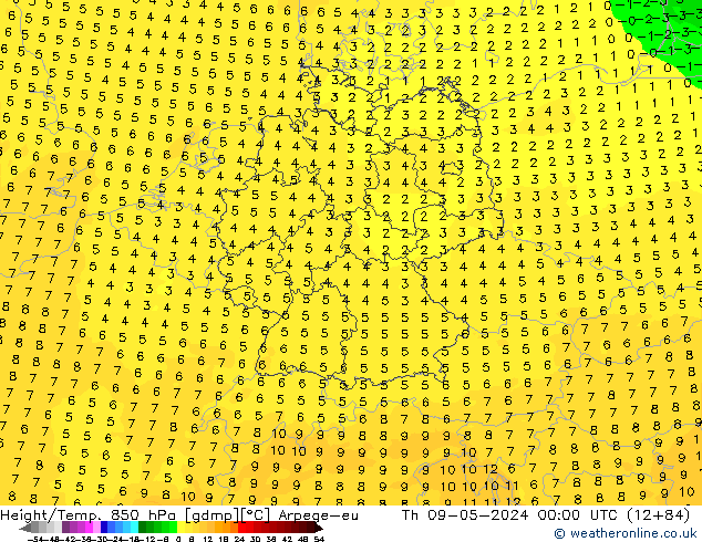 Height/Temp. 850 гПа Arpege-eu чт 09.05.2024 00 UTC