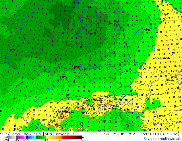 850 hPa Yer Bas./Sıc Arpege-eu Paz 05.05.2024 15 UTC