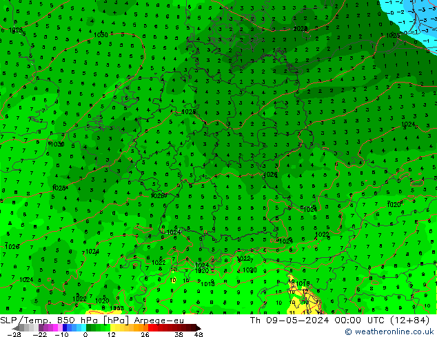 SLP/Temp. 850 hPa Arpege-eu Qui 09.05.2024 00 UTC