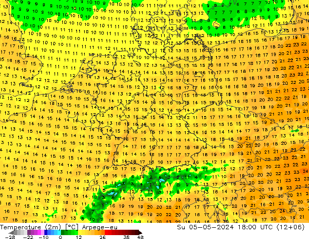 Temperatuurkaart (2m) Arpege-eu zo 05.05.2024 18 UTC