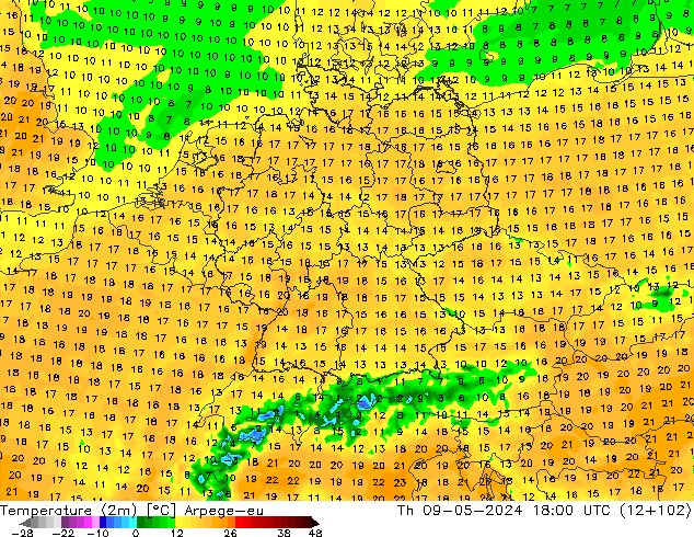 Temperature (2m) Arpege-eu Th 09.05.2024 18 UTC