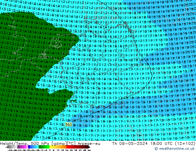 Height/Temp. 500 hPa Arpege-eu  09.05.2024 18 UTC