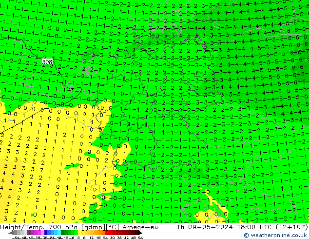 Hoogte/Temp. 700 hPa Arpege-eu do 09.05.2024 18 UTC